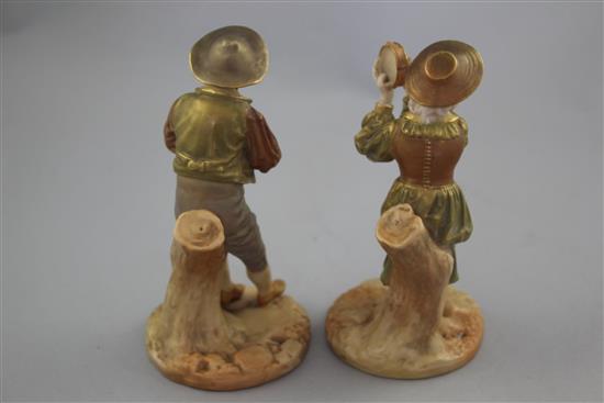 Two Royal Worcester shot enamels figures of a shepherd and shepherdess, modelled by James Hadley, 15.5cm and 15cm